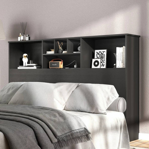 Queen size Bookcase Headboard in Black Wood Finish with LED Lights
