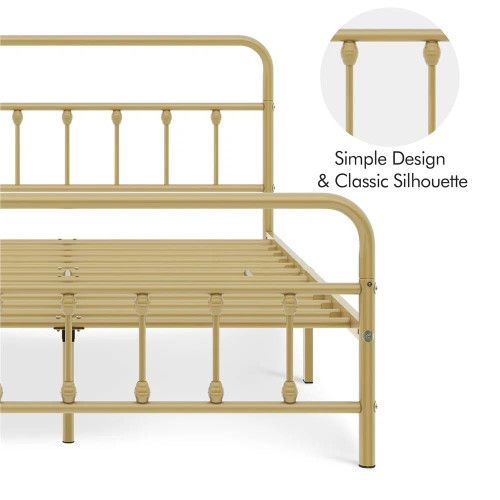 Queen Vintage Antique Gold Metal Platform Bed Frame with Headboard Footboard