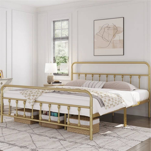 King size Vintage Antique Gold Metal Platform Bed Frame with Headboard Footboard