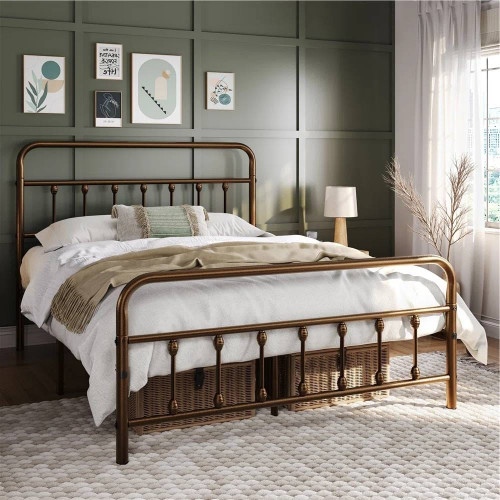 Queen size Vintage Bronze Metal Platform Bed Frame with Headboard and Footboard