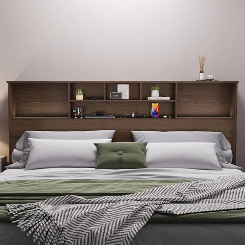King size Bookcase Headboard in Brown Wood Finish with LED Lights