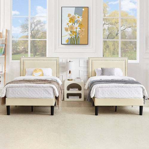 Twin Size - Set of 2  - Dorm Style Beige Tufted Upholstered Platform Beds