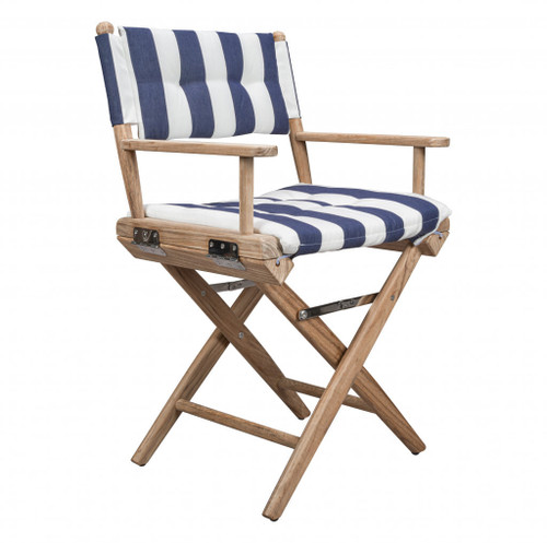 23" Blue and White and Natural Wood Solid Wood Indoor Outdoor Director Chair with Blue and White Cu