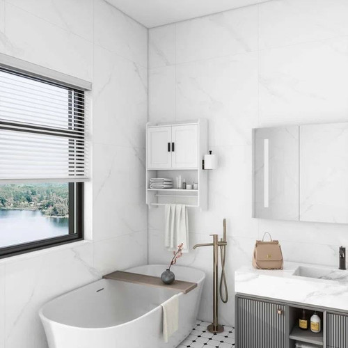 White Bathroom Wall Cabinet with Towel Bar and Storage Shelf