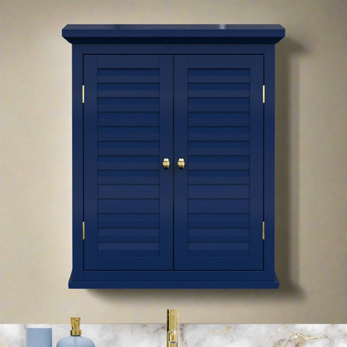 Navy Wall Mounted 2-Door Louvered Crown Molding Bathroom Wall Cabinet
