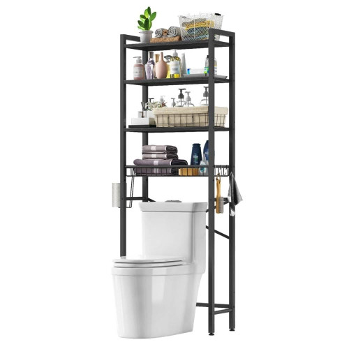 Over the Toilet Bathroom Storage Industrial Metal Wood Shelving Unit Black