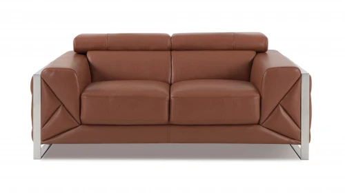 75" Camel And Silver Italian Leather Loveseat