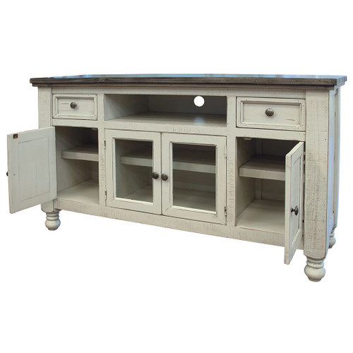 79" Ivory Solid Wood Open shelving Distressed TV Stand