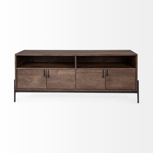 62" Brown and Black Solid Wood Cabinet Enclosed Storage TV Stand