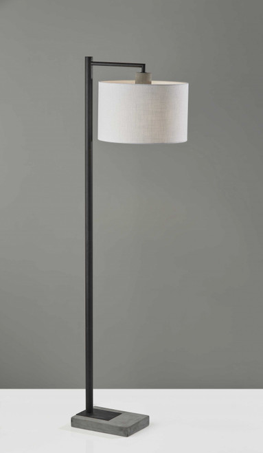 61" Grey And Black Arc Floor Lamp With White Fabric Drum Shade