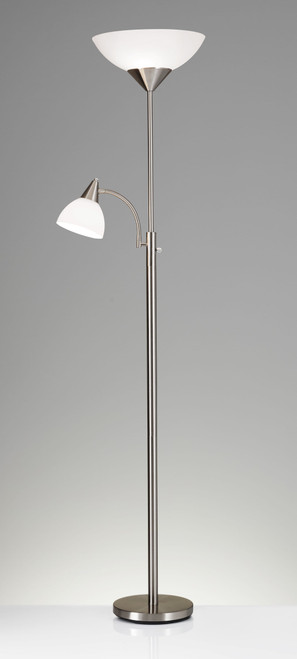 71" Two Light Torchiere Floor Lamp With White Acrylic Bowl Shades