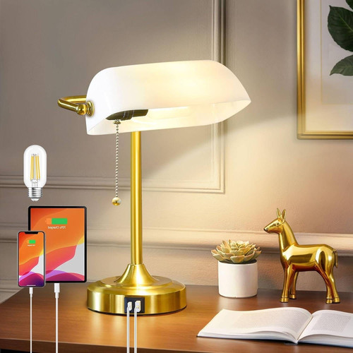 Vintage USB Bankers Lamp Desk Light with Gold Base and White Shade