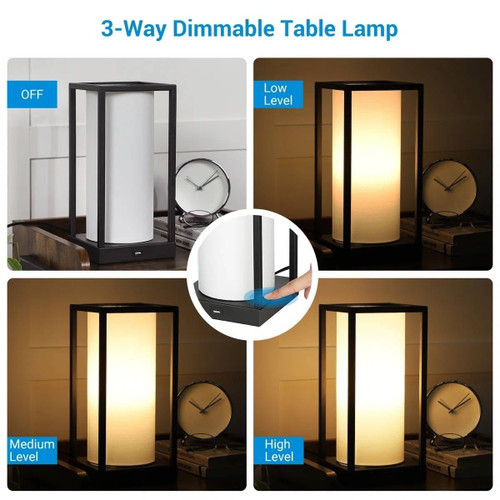 Set of 2 - Japanese Style USB Table Lamp with White Linen Shade and LED Bulbs