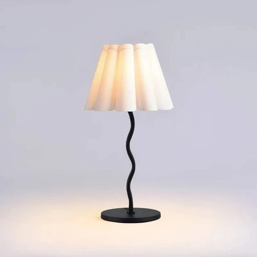 Modern S-Shaped Black Metal Table Lamp with Umbrella-style White Fabric Shade