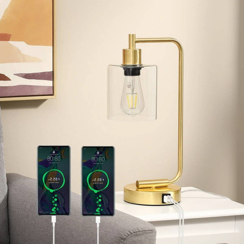 Set of 2 - Gold Farmhouse Bedside Table Lamp Desk Light with USB Charging Ports