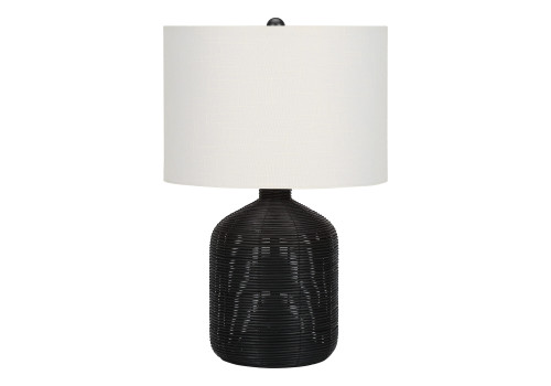 23" Black Rattan Round Table Lamp With Ivory Drum Shade