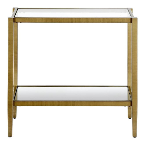 Rectangular Side Table Gold Antique Brass Metal Glass Top Bottom Shelf Sofa Table