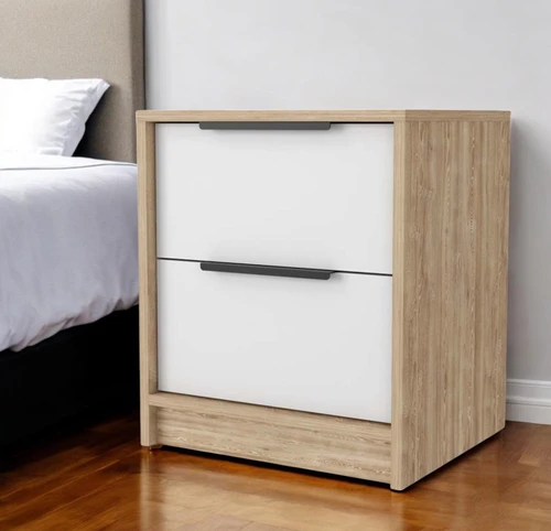 19" White and Natural Two Drawer Faux Wood Nightstand