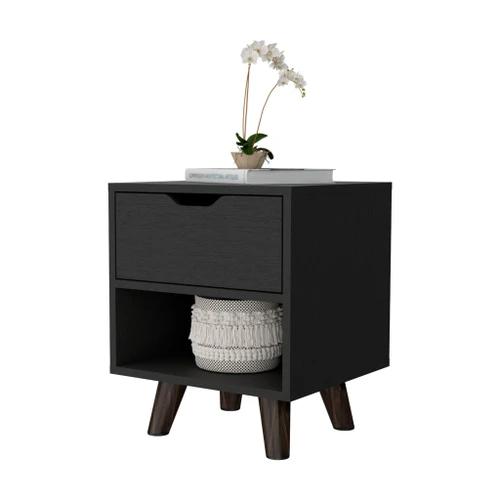 19" Black One Drawer Faux Wood Nightstand