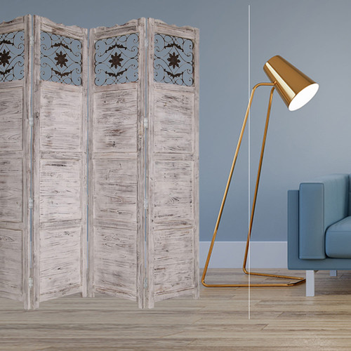 Gray Wash 4 Panel With Scroll Work Room Divider Screen