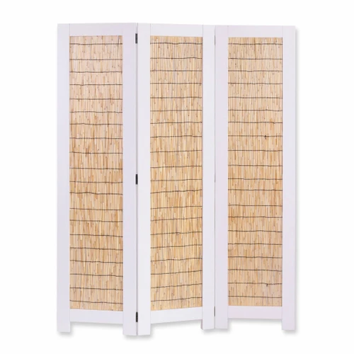 67" White and Natural Wood Folding Three Panel Screen Room Divider