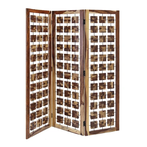 72" Brown Solid Wood Folding Three Panel Screen Room Divider