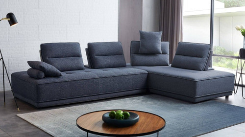 Blue 100% Polyester Stationary L Shaped Two Piece Sofa And Chaise