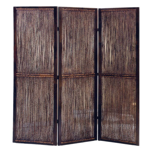 Dark Wood And Water Hyacinth 3 Panel Room Divider Screen