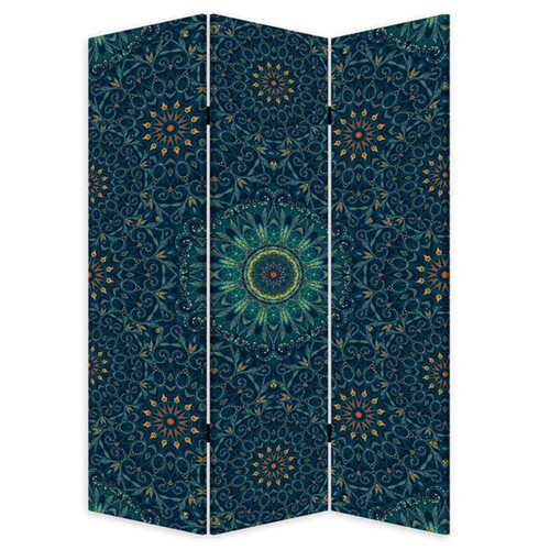 Blue Boho Mandala Three Panel Room Divider Screen