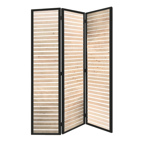 67" Natural Wood and Iron Folding Three Panel Screen Room Divider