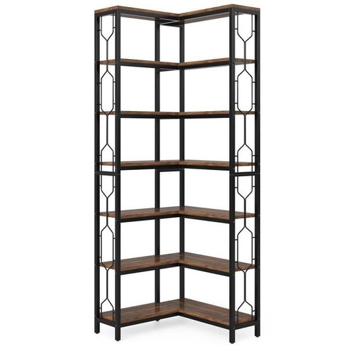 Industrial 7-Tier Metal/Wood Corner Bookcase in Black/Brown