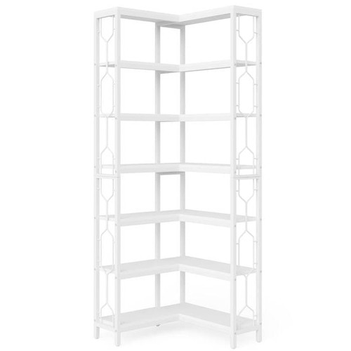 Industrial 7-Tier Metal/Wood Corner Bookcase in White