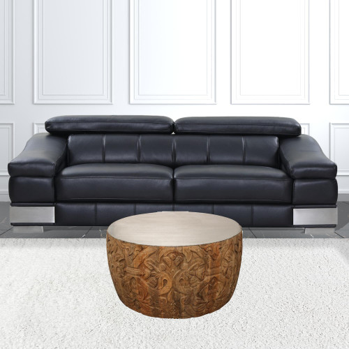 32" White And Natural Iron And Solid Wood Round Coffee Table
