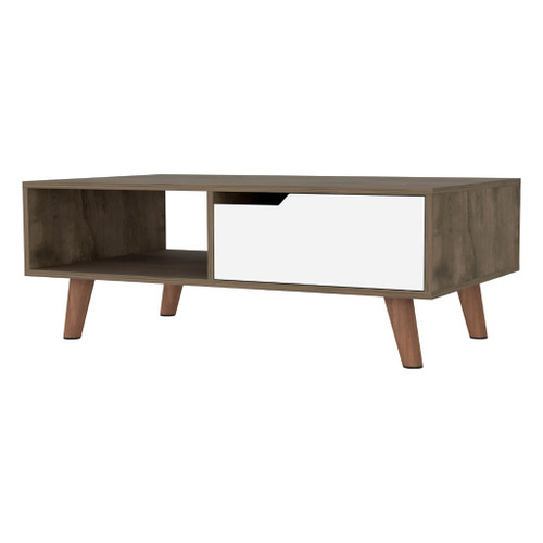 40" Brown And White Wood Coffee Table With Drawer And Shelf