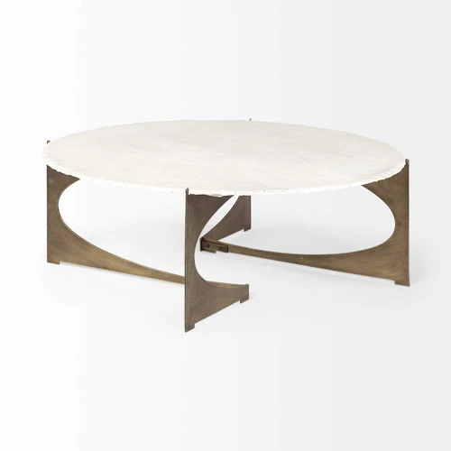 49" Round White Marble Top Gold And Metal Base Coffee Table