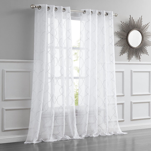 84" White Trellis Pattern Embroidered Window Curtain Panel