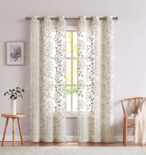 Set of Two 84"  Tan Floral Embroidered Window Panels