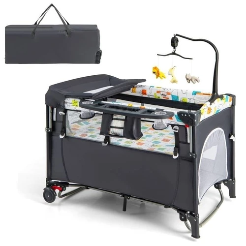 Grey Foldable Baby/Toddler Playpen Bassinet Bed Crib Music Box