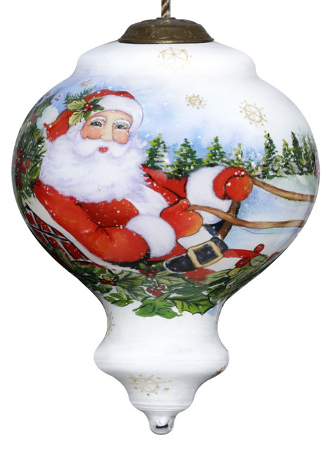 Santa Riding a Sleigh Hand Painted Mouth Blown Glass Ornament