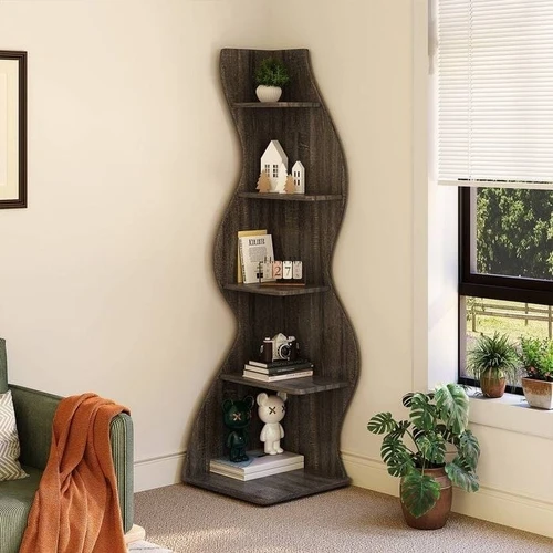 Modern 5 Shelf Corner Bookcase in Grey Wood Finish