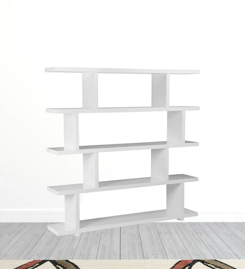 63" White Wood Five Tier Open Asymmetrical Bookcase