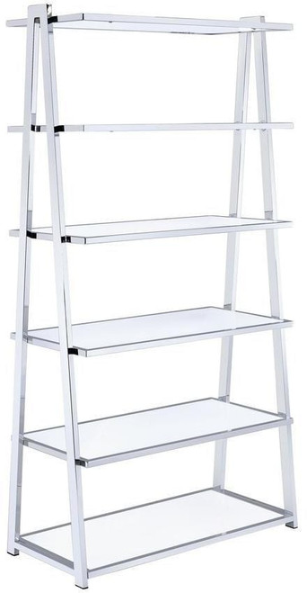 71" White and Silver Metal and Glass Five Tier Ladder Bookcase