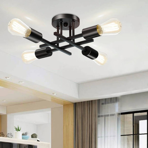 Modern 4-Light Flush Mount Sputnik Ceiling Light Fixture in Black Finish