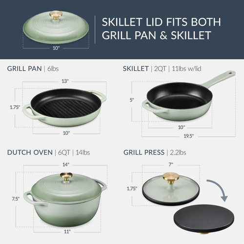 Sage 6-Piece Non-Stick Cast Iron Cookware Set - Skillet Grill Pan Dutch Oven