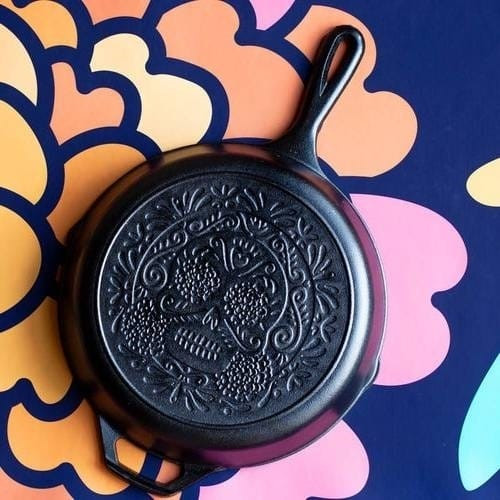 Black 10 inch Lightweight Cast Iron Skillet -  Da de los Muertos - Made in USA