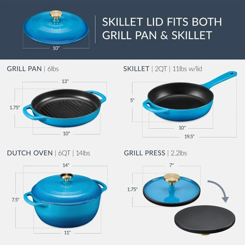 Blue 6-Piece Non-Stick Cast Iron Cookware Set - Skillet Grill Pan Dutch Oven