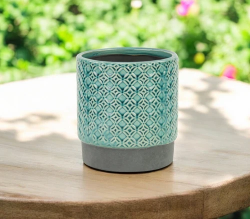 6" Turquoise Geometric Ceramic Indoor Outdoor Round Pot Planter