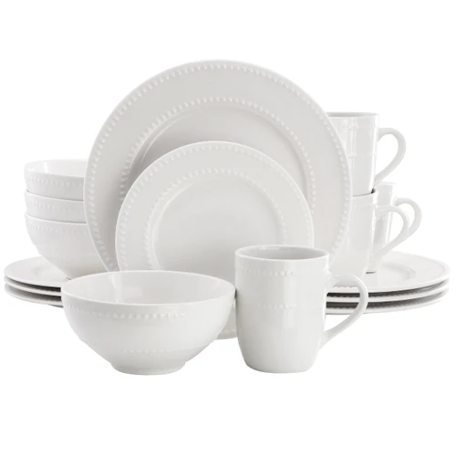 Elama Olevia 16 Piece Embossed Dot Stoneware Dinnerware Set in White