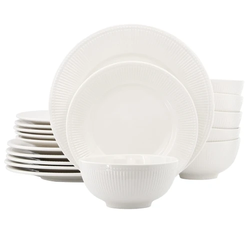 Elama Farrah 18 Piece Round Stoneware Dinnerware Set in White