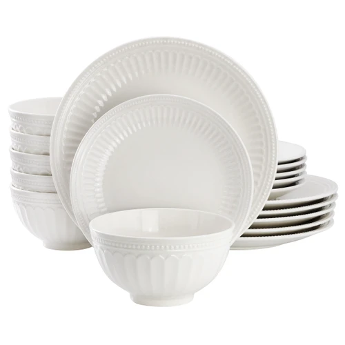 Elama Finley 18 Piece Embossed Arch Stoneware Dinnerware Set in White